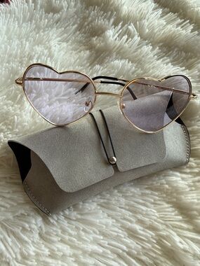 NWOT BTS Inspired Gold Heart-Shaped Sunglasses with Purple Tint, Case Included